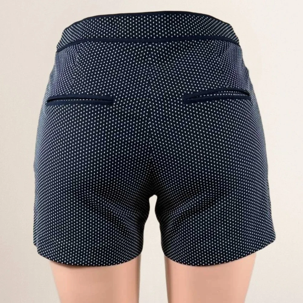 H&M Navy Blue White Diamond Pattern Tailored Shorts Gold Side Zippers Size 6